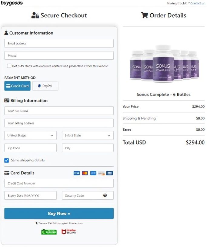 Sonus Complete Secure Checkout Page